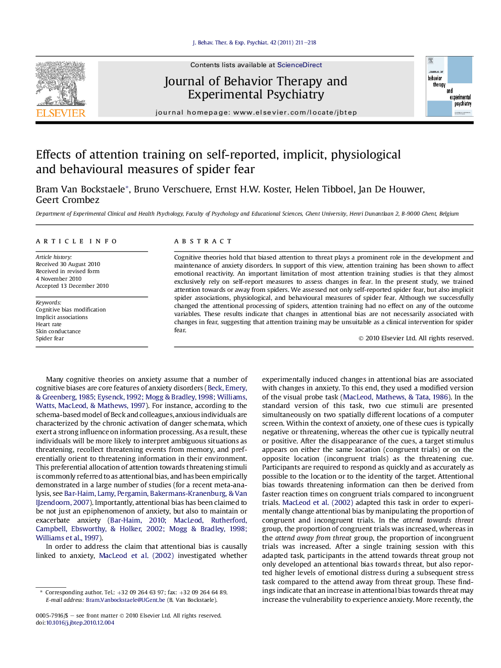 Effects of attention training on self-reported, implicit, physiological and behavioural measures of spider fear