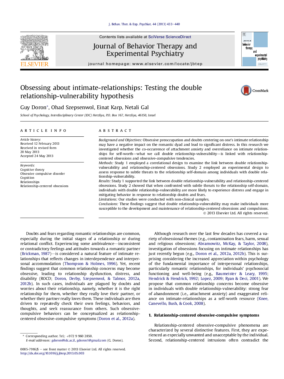 Obsessing about intimate-relationships: Testing the double relationship-vulnerability hypothesis