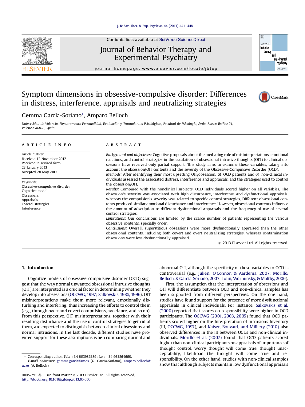 Symptom dimensions in obsessive-compulsive disorder: Differences in distress, interference, appraisals and neutralizing strategies