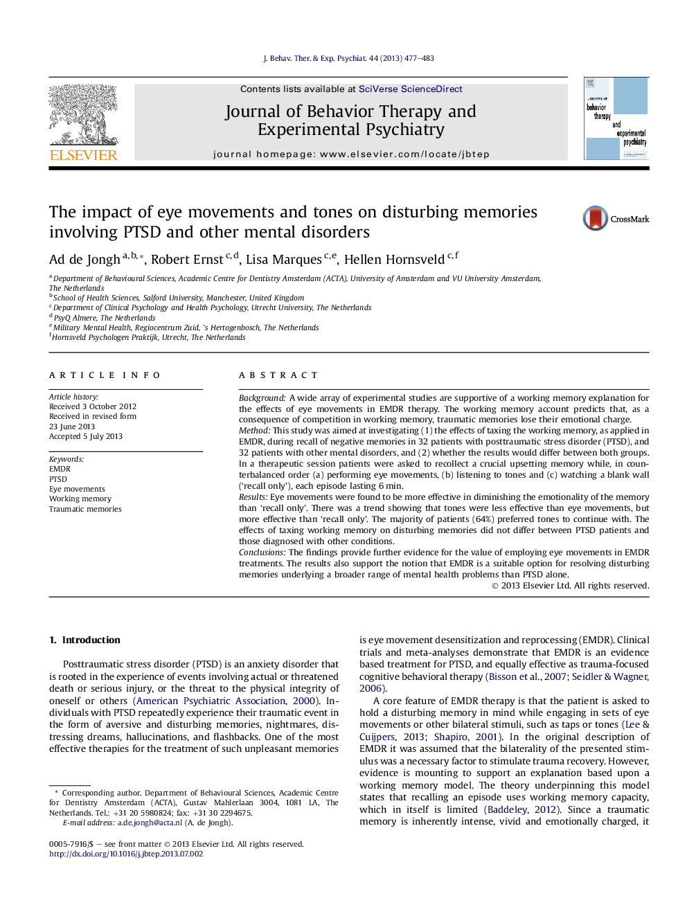 The impact of eye movements and tones on disturbing memories involving PTSD and other mental disorders