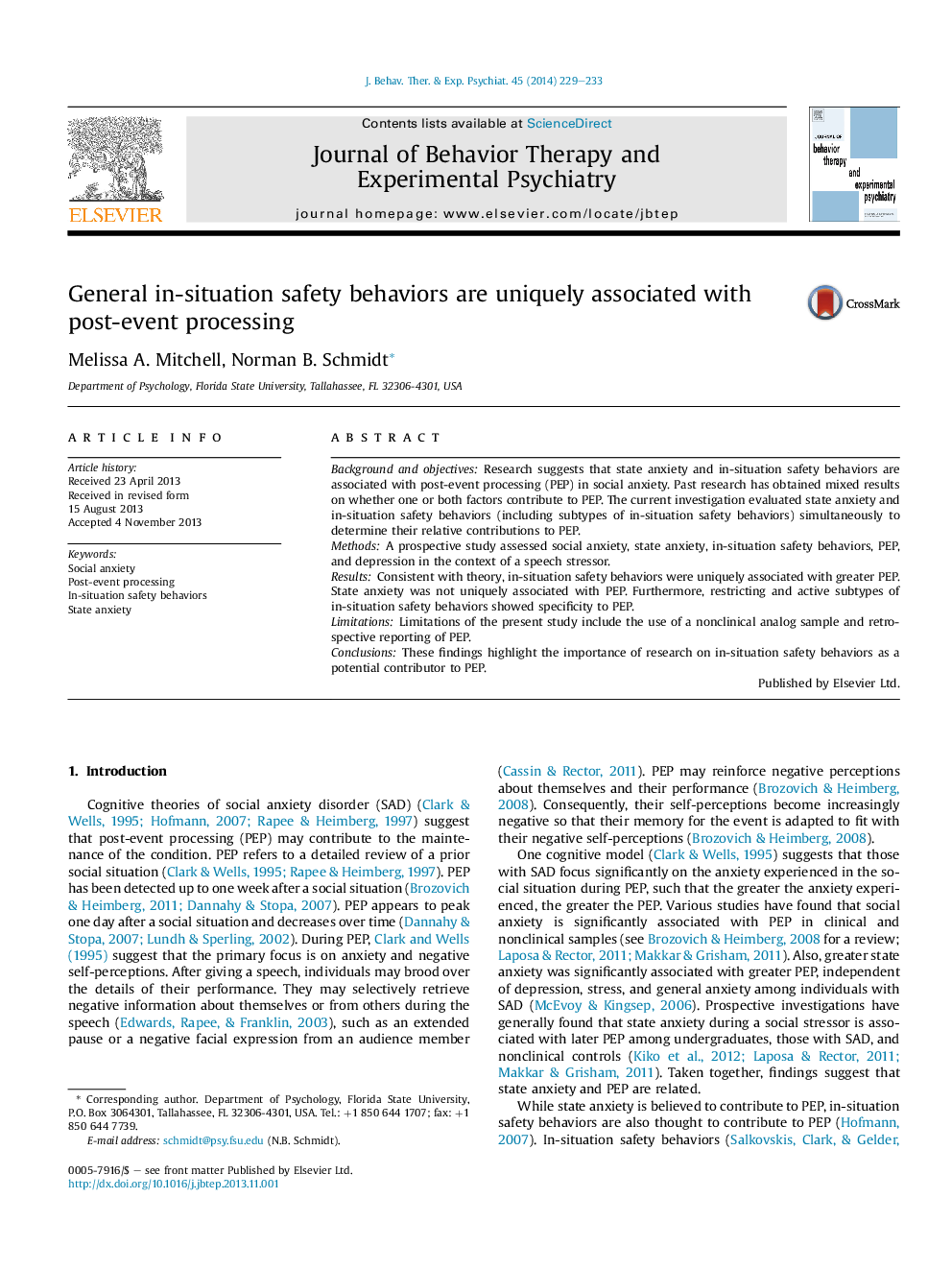 General in-situation safety behaviors are uniquely associated with post-event processing