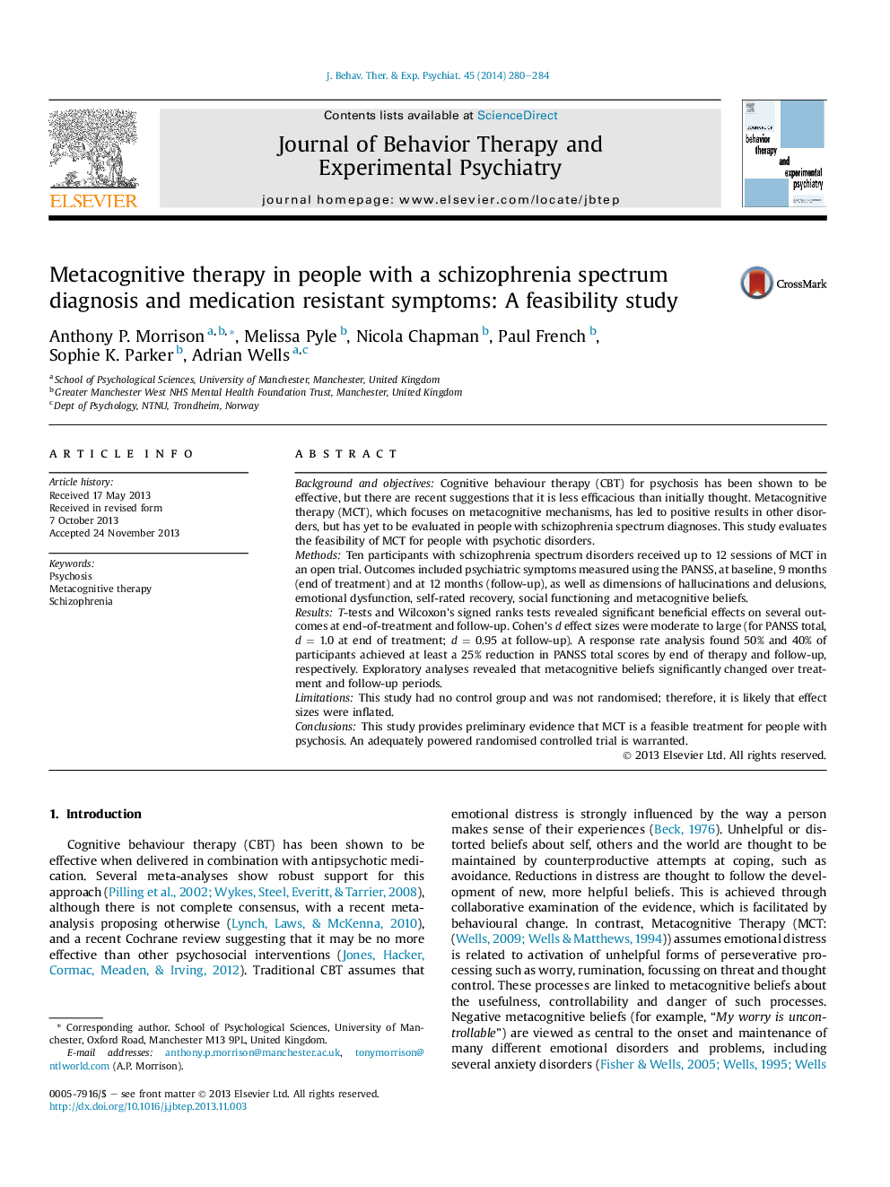 Metacognitive therapy in people with a schizophrenia spectrum diagnosis and medication resistant symptoms: A feasibility study