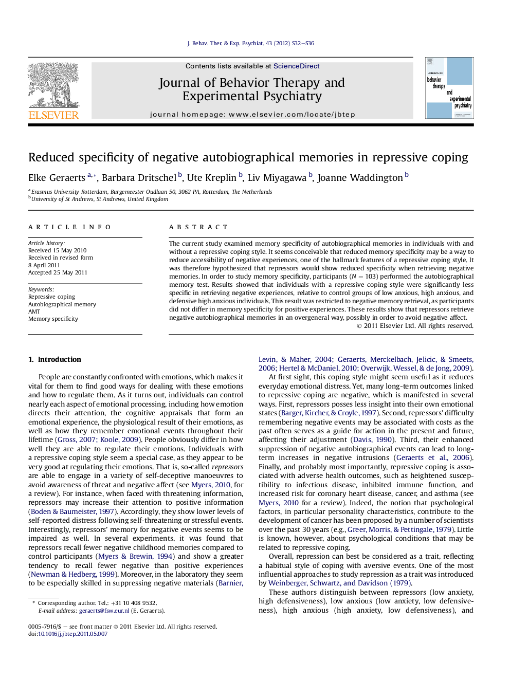 Reduced specificity of negative autobiographical memories in repressive coping