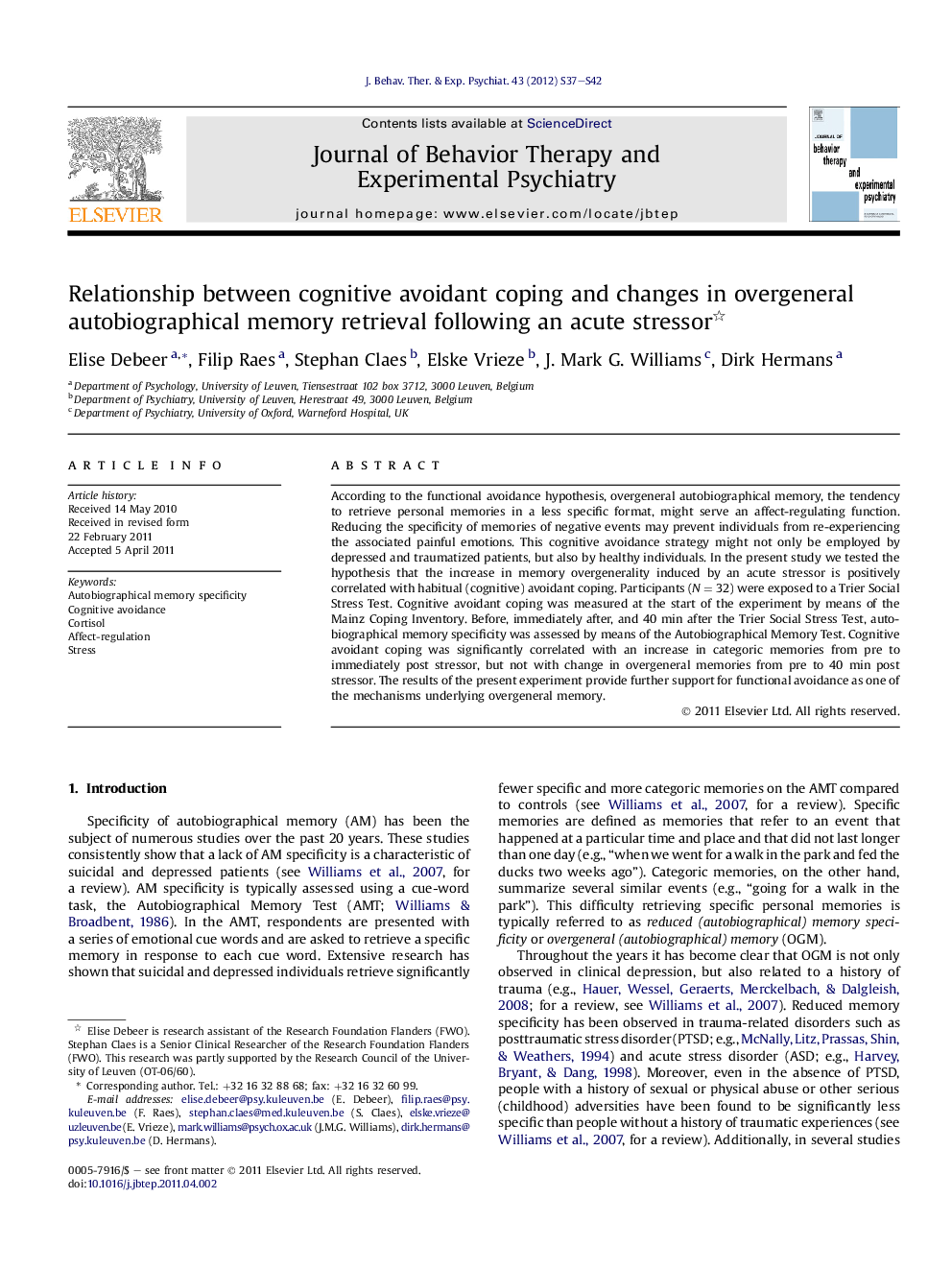 Relationship between cognitive avoidant coping and changes in overgeneral autobiographical memory retrieval following an acute stressor