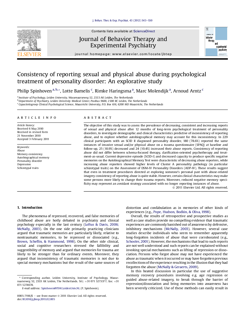 عکس صفحه اول مقاله: Consistency of reporting sexual and physical abuse during psychological treatment of personality disorder: An explorative study Consistency of reporting sexual and physical abuse during psychological treatment of personality disorder: An explorative study