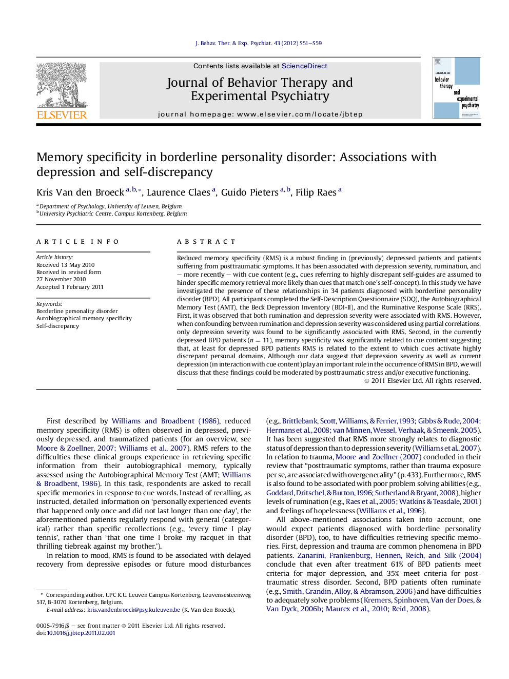 Memory specificity in borderline personality disorder: Associations with depression and self-discrepancy