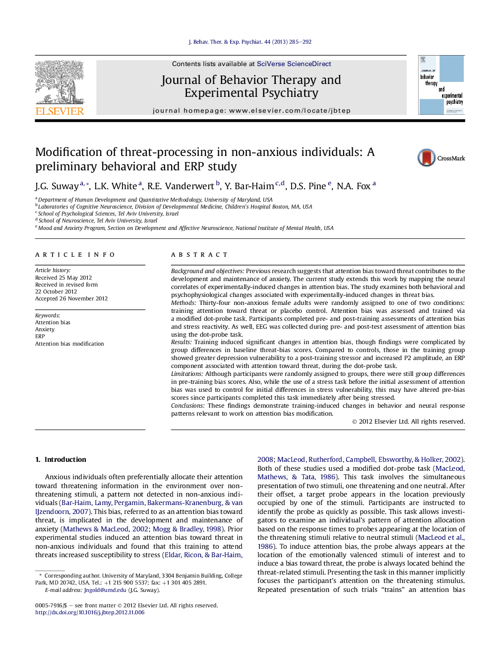 Modification of threat-processing in non-anxious individuals: A preliminary behavioral and ERP study