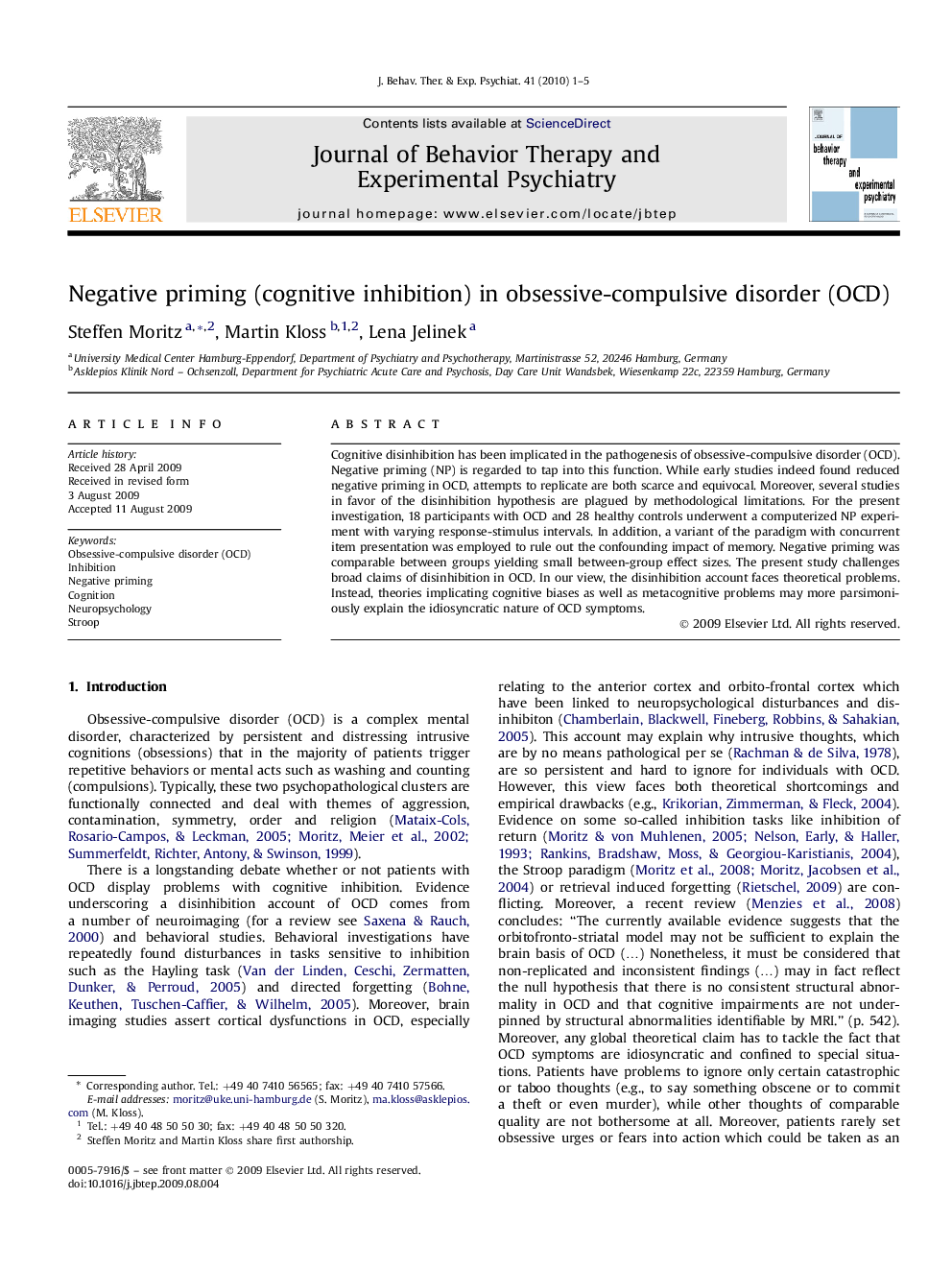 Negative priming (cognitive inhibition) in obsessive-compulsive disorder (OCD)