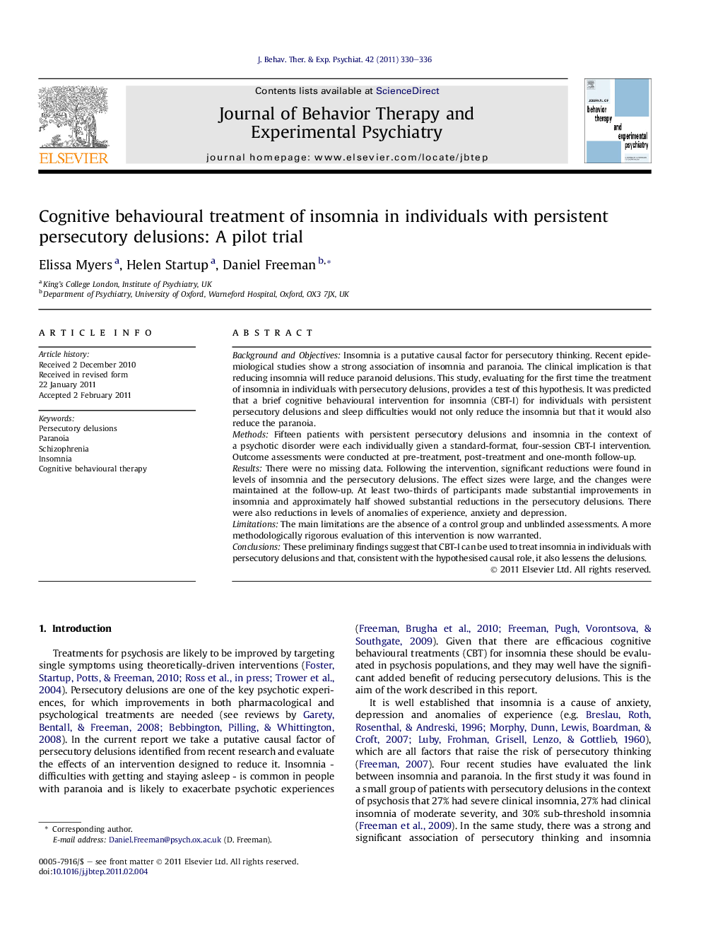 Cognitive behavioural treatment of insomnia in individuals with persistent persecutory delusions: A pilot trial