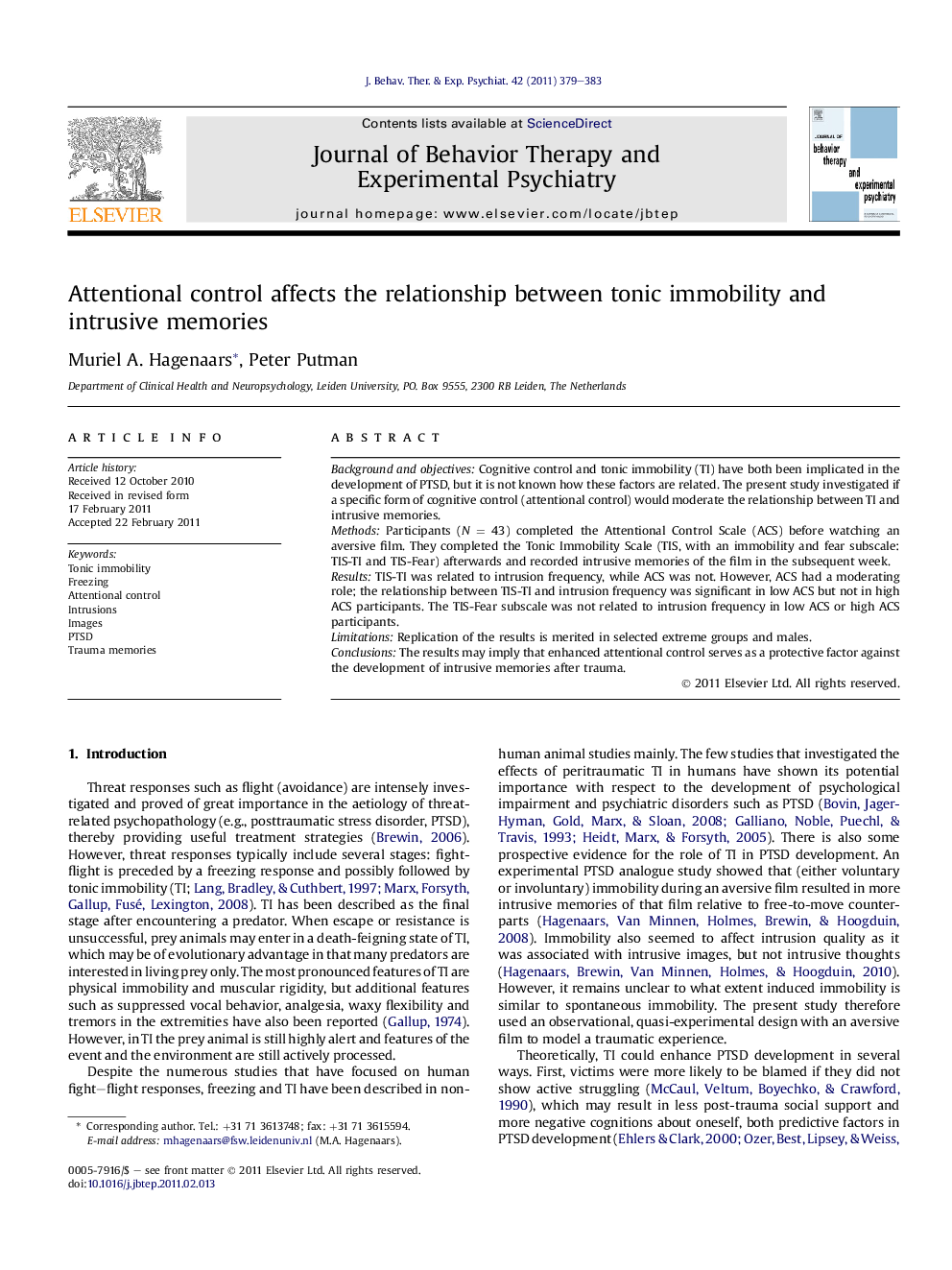 Attentional control affects the relationship between tonic immobility and intrusive memories