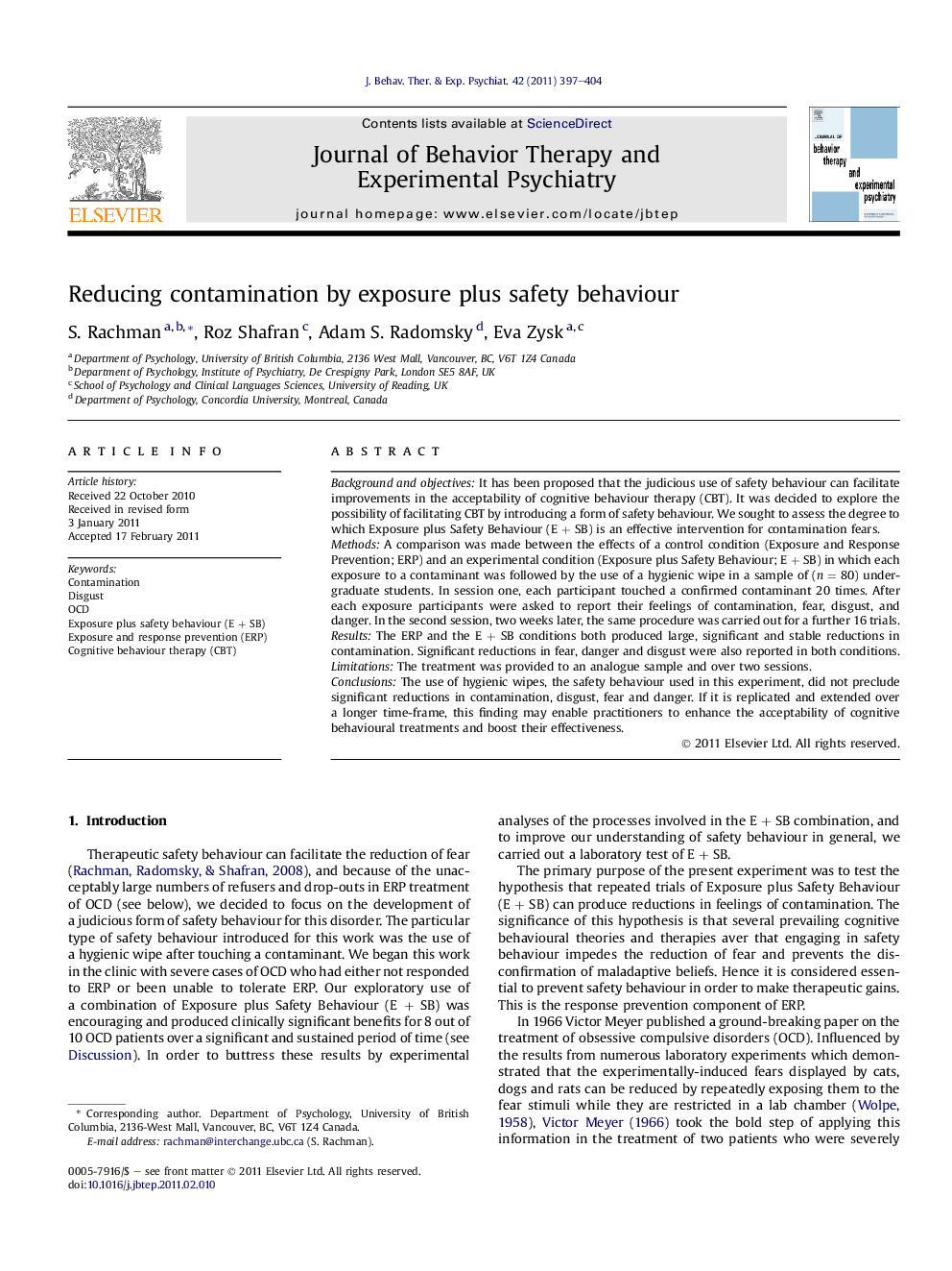 Reducing contamination by exposure plus safety behaviour