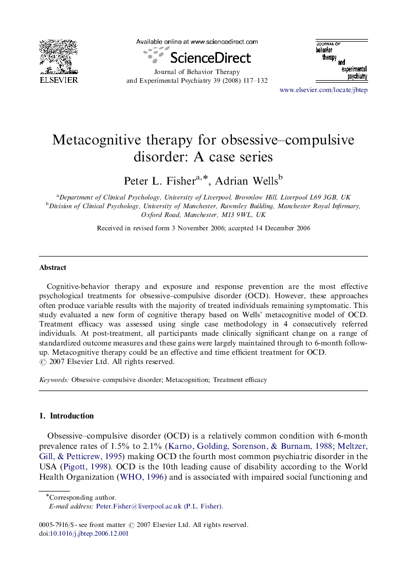 Metacognitive therapy for obsessive-compulsive disorder: A case series