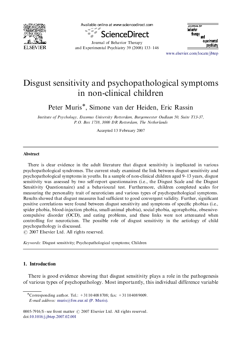 Disgust sensitivity and psychopathological symptoms in non-clinical children