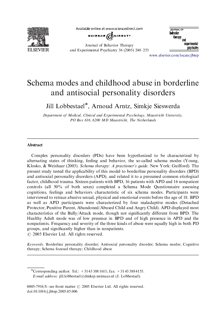 Schema modes and childhood abuse in borderline and antisocial personality disorders