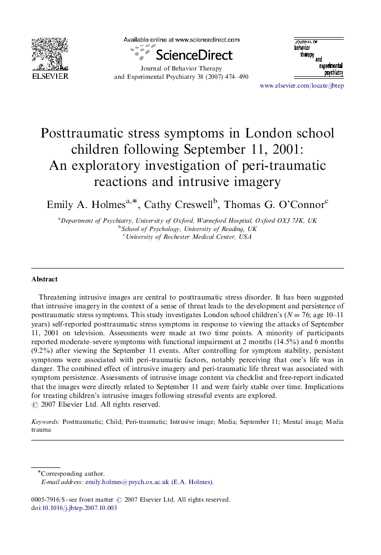 Posttraumatic stress symptoms in London school children following September 11, 2001: An exploratory investigation of peri-traumatic reactions and intrusive imagery