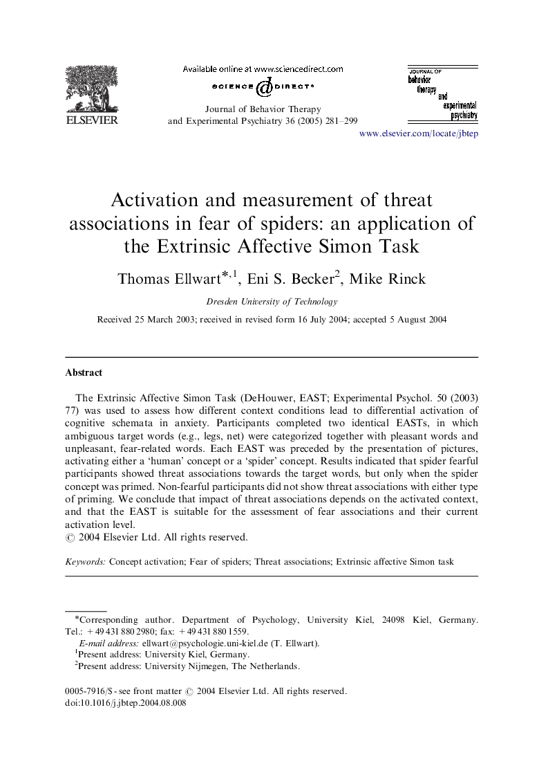 Activation and measurement of threat associations in fear of spiders: an application of the Extrinsic Affective Simon Task