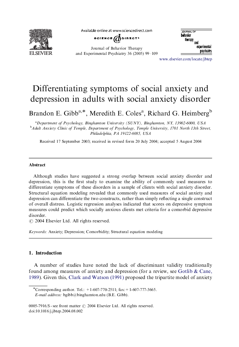 Differentiating symptoms of social anxiety and depression in adults with social anxiety disorder