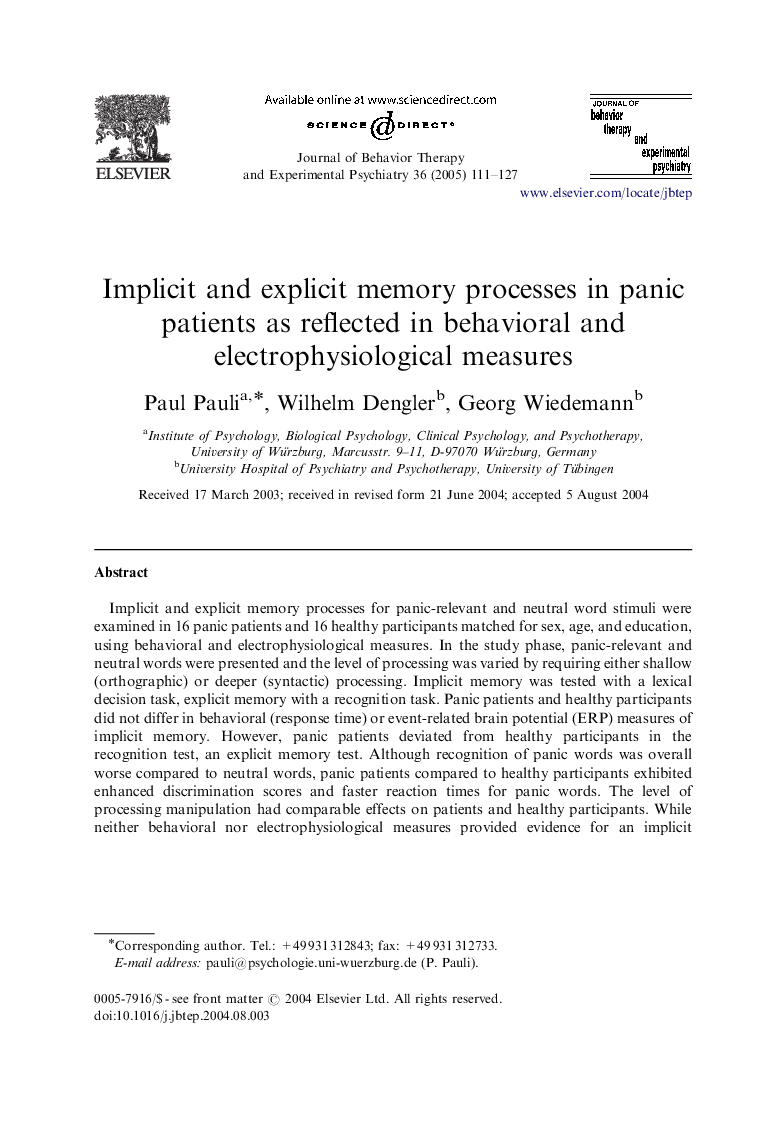 Implicit and explicit memory processes in panic patients as reflected in behavioral and electrophysiological measures