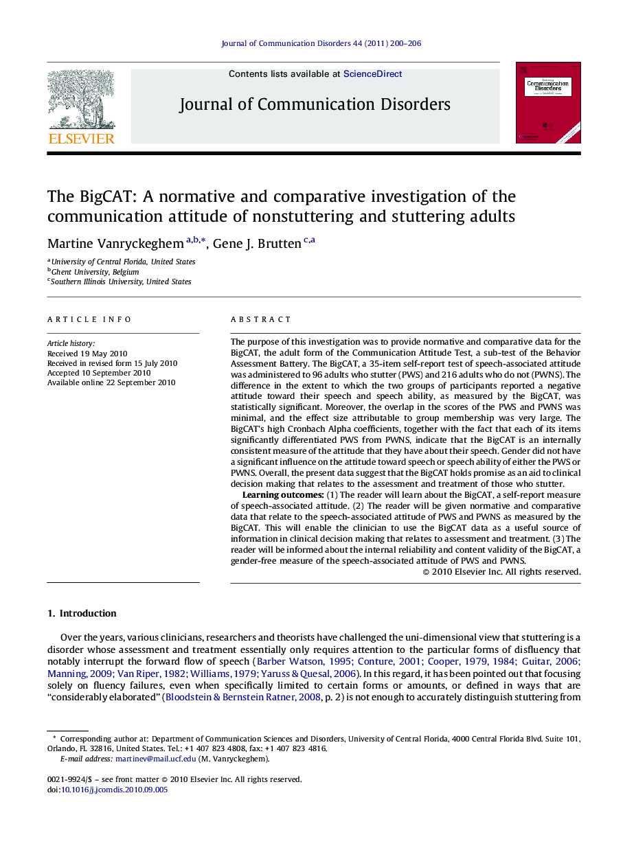 The BigCAT: A normative and comparative investigation of the communication attitude of nonstuttering and stuttering adults