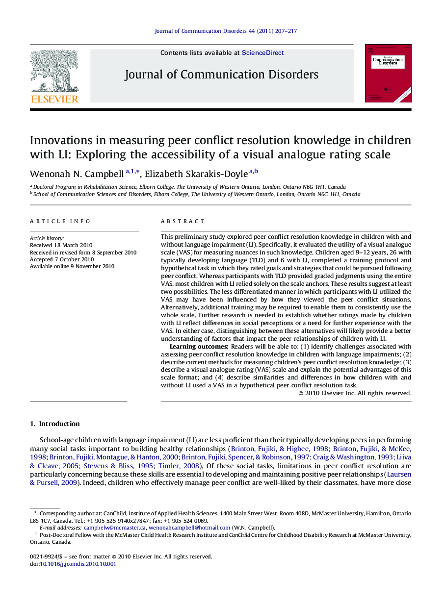 عکس صفحه اول مقاله: Innovations in measuring peer conflict resolution knowledge in children with LI: Exploring the accessibility of a visual analogue rating scale Innovations in measuring peer conflict resolution knowledge in children with LI: Exploring the accessibility of a visual analogue rating scale