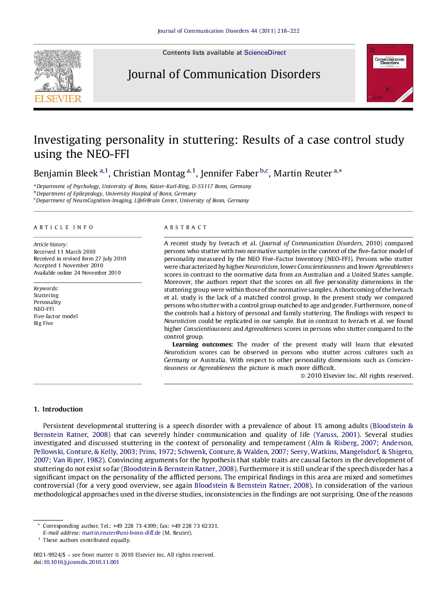 عکس صفحه اول مقاله: Investigating personality in stuttering: Results of a case control study using the NEO-FFI Investigating personality in stuttering: Results of a case control study using the NEO-FFI