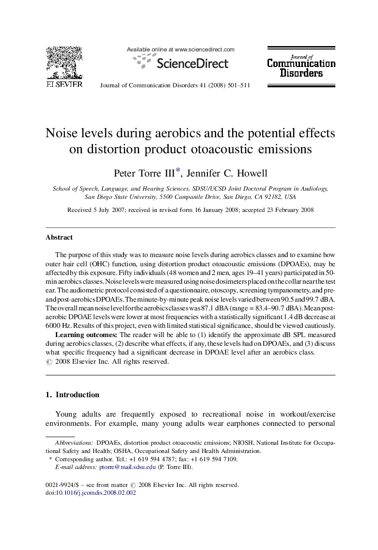 Noise levels during aerobics and the potential effects on distortion product otoacoustic emissions