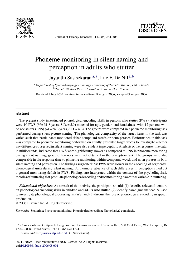 Phoneme monitoring in silent naming and perception in adults who stutter