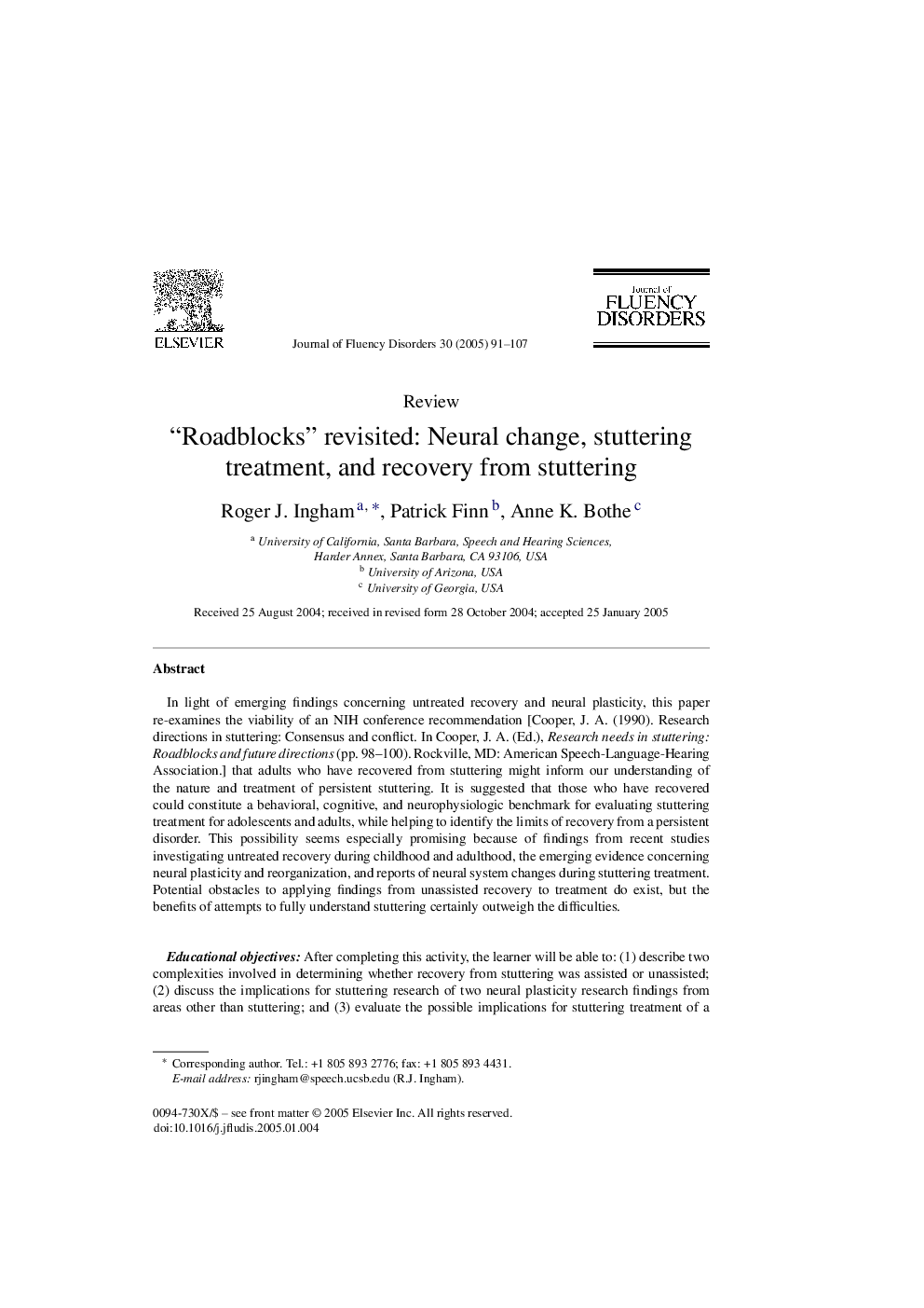 عکس صفحه اول مقاله: “Roadblocks” revisited: Neural change, stuttering treatment, and recovery from stuttering “Roadblocks” revisited: Neural change, stuttering treatment, and recovery from stuttering