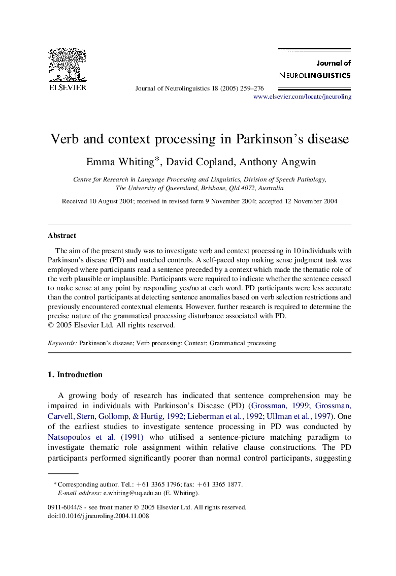 Verb and context processing in Parkinson's disease