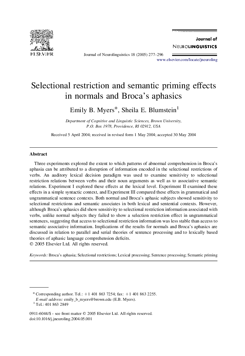 Selectional restriction and semantic priming effects in normals and Broca's aphasics