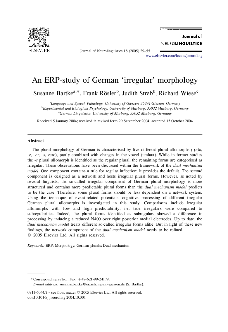 An ERP-study of German 'irregular' morphology