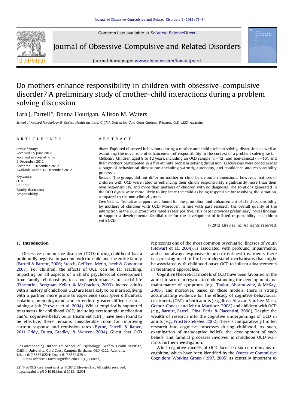 Do mothers enhance responsibility in children with obsessive-compulsive disorder? A preliminary study of mother-child interactions during a problem solving discussion