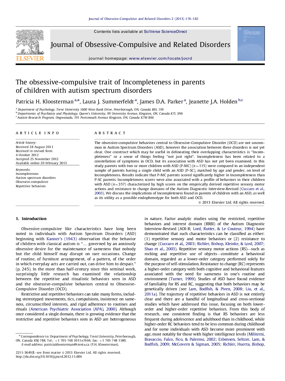 The obsessive-compulsive trait of Incompleteness in parents of children with autism spectrum disorders