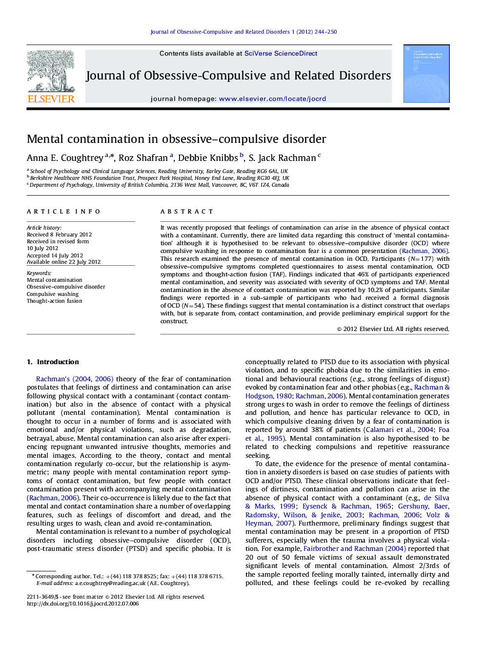 Mental contamination in obsessive-compulsive disorder