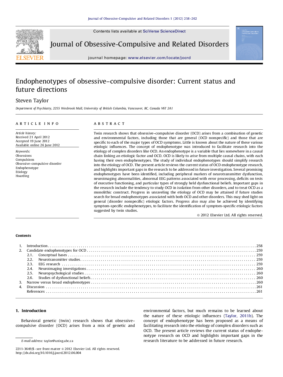 Endophenotypes of obsessive-compulsive disorder: Current status and future directions