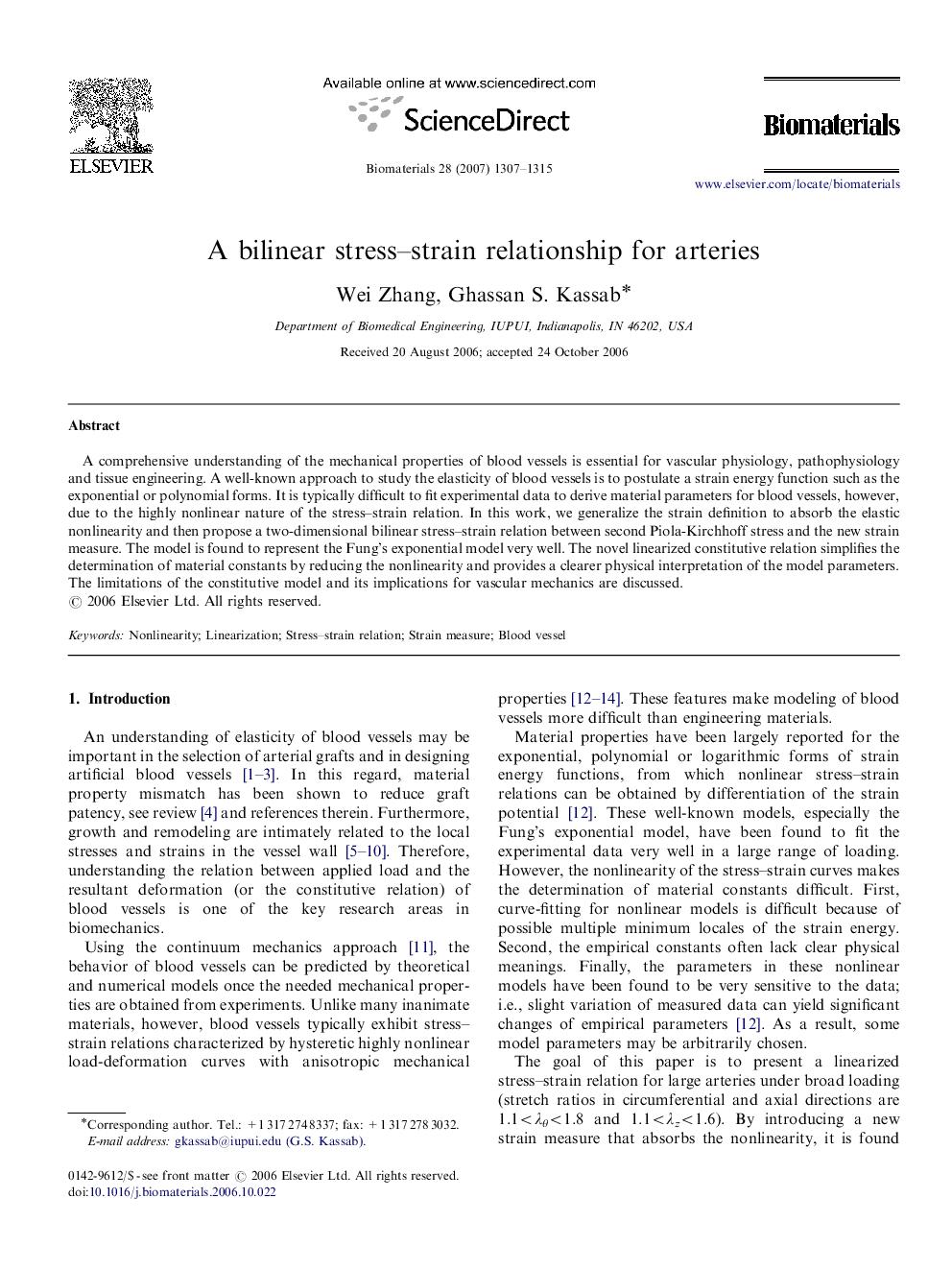 A bilinear stress–strain relationship for arteries