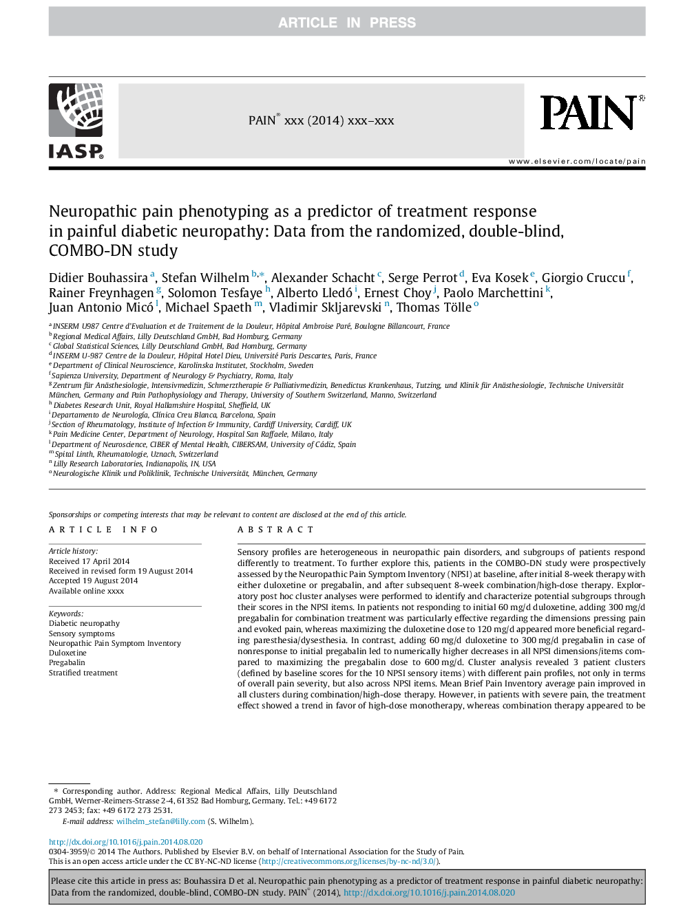 Neuropathic pain phenotyping as a predictor of treatment response in painful diabetic neuropathy: Data from the randomized, double-blind, COMBO-DN study