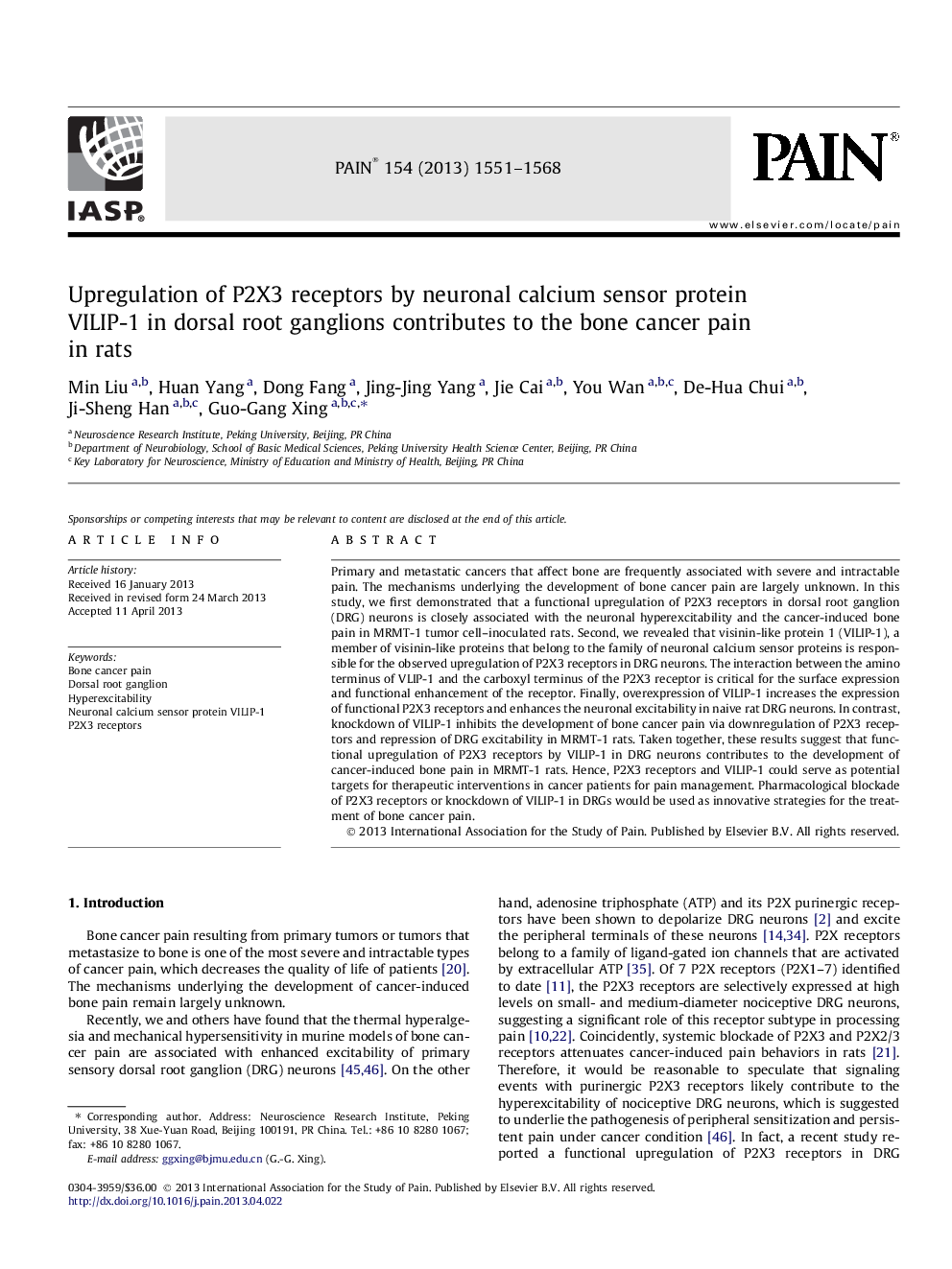 Upregulation of P2X3 receptors by neuronal calcium sensor protein VILIP-1 in dorsal root ganglions contributes to the bone cancer pain in rats