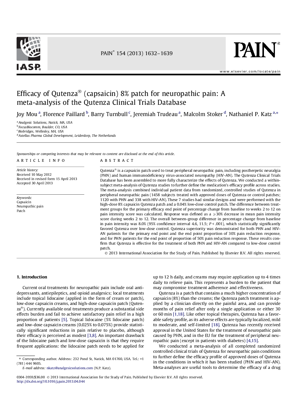 Efficacy of Qutenza® (capsaicin) 8% patch for neuropathic pain: A meta-analysis of the Qutenza Clinical Trials Database