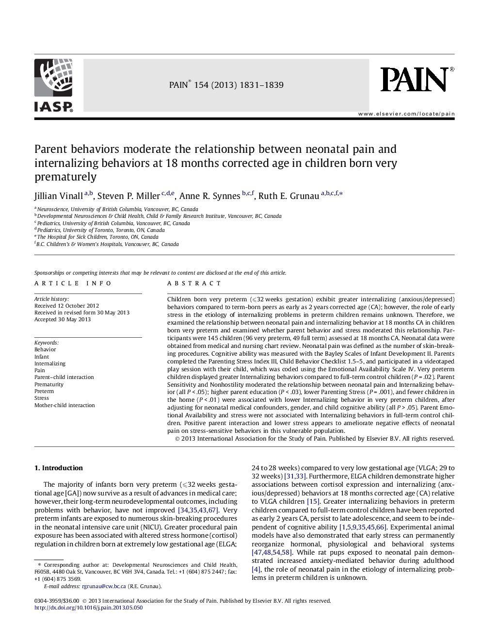 رفتارهای والدین رابطه بین درد نوزادان و رفتارهای درونی سازی را در سن 18 سالگی اصلاح شده در کودکان بسیار زودرس 