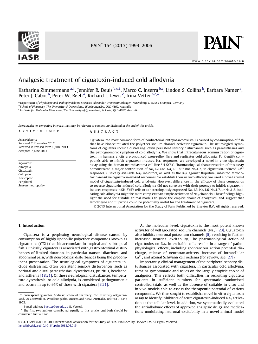 Analgesic treatment of ciguatoxin-induced cold allodynia