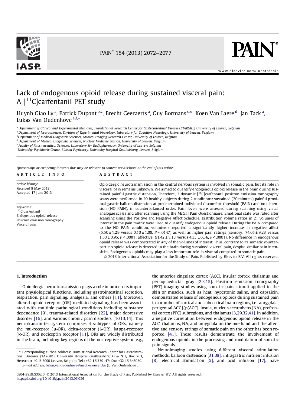 Lack of endogenous opioid release during sustained visceral pain: A [11C]carfentanil PET study