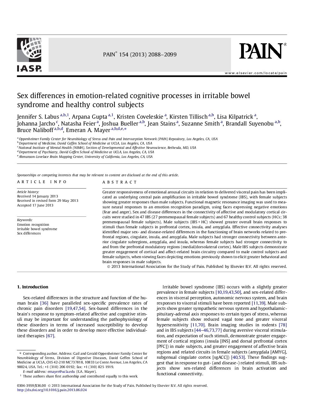 اختلالات جنسی در فرآیندهای شناختی مرتبط با احساس در سندرم روده تحریک پذیر و افراد کنترل کننده سالم 