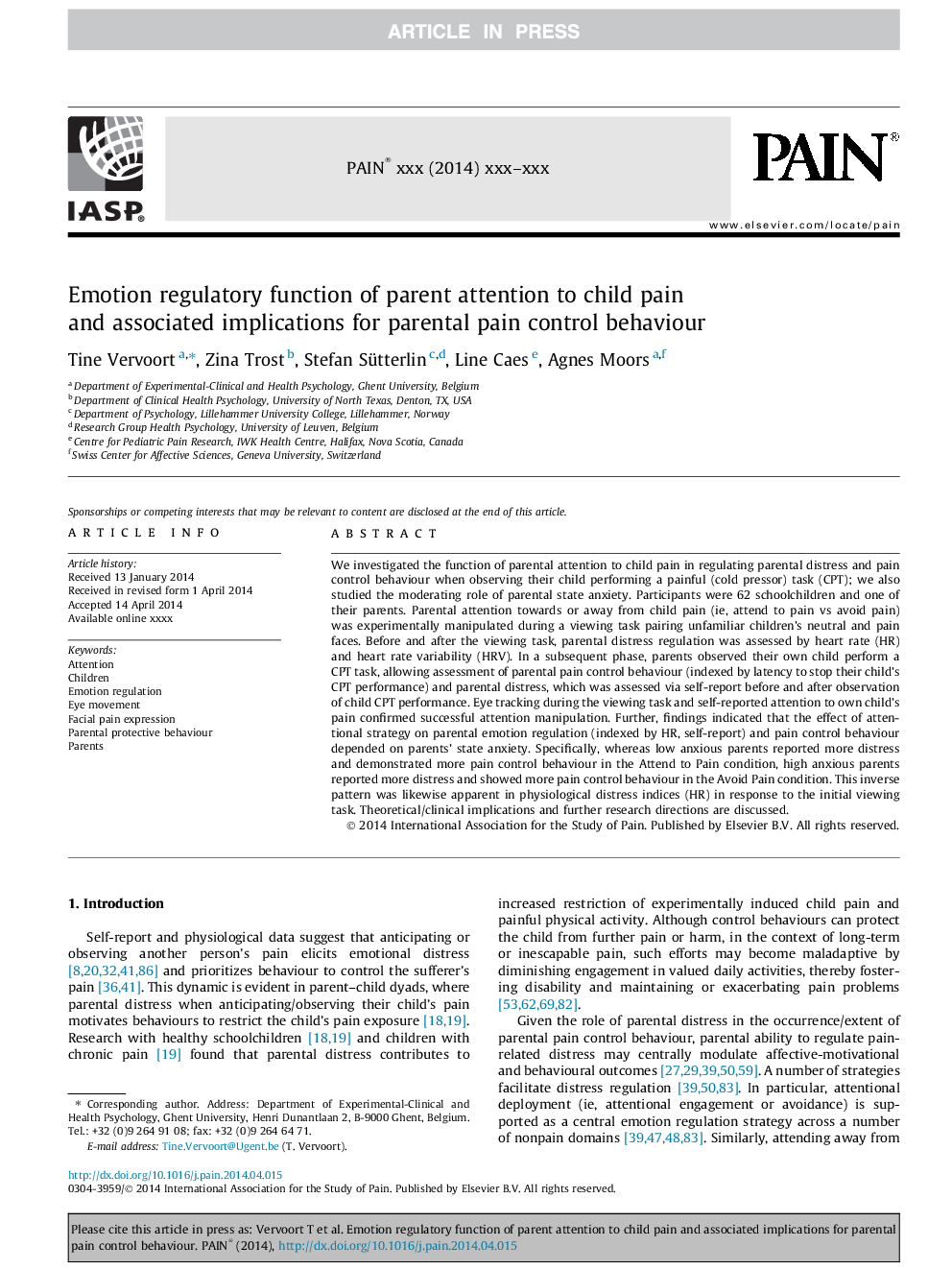 نقش تنظیم کننده احساسات توجه والدین به درد کودک و پیامدهای مرتبط با آن برای رفتار کنترل درد والدین 