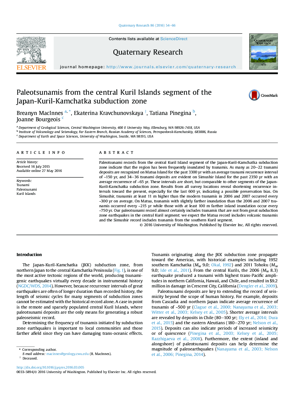 Paleotsunamis from the central Kuril Islands segment of the Japan-Kuril-Kamchatka subduction zone