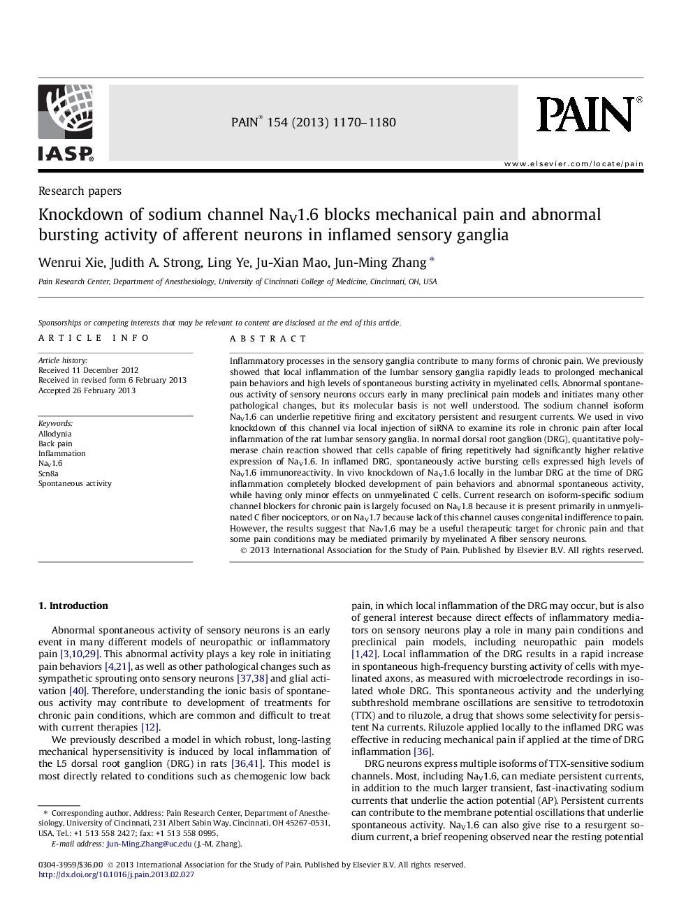 Knockdown of sodium channel NaV1.6 blocks mechanical pain and abnormal bursting activity of afferent neurons in inflamed sensory ganglia