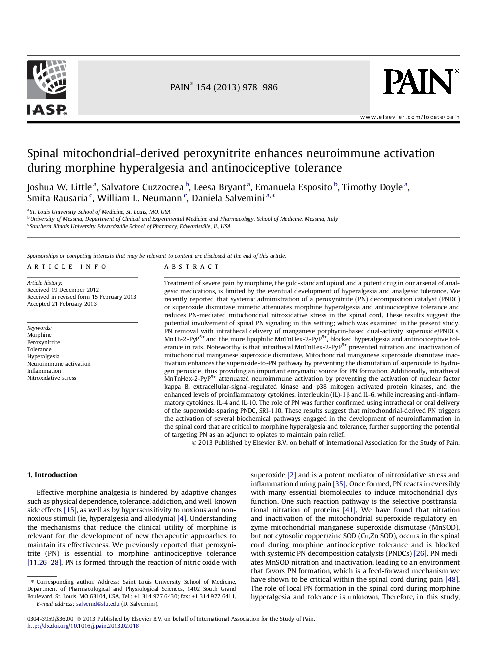 Spinal mitochondrial-derived peroxynitrite enhances neuroimmune activation during morphine hyperalgesia and antinociceptive tolerance