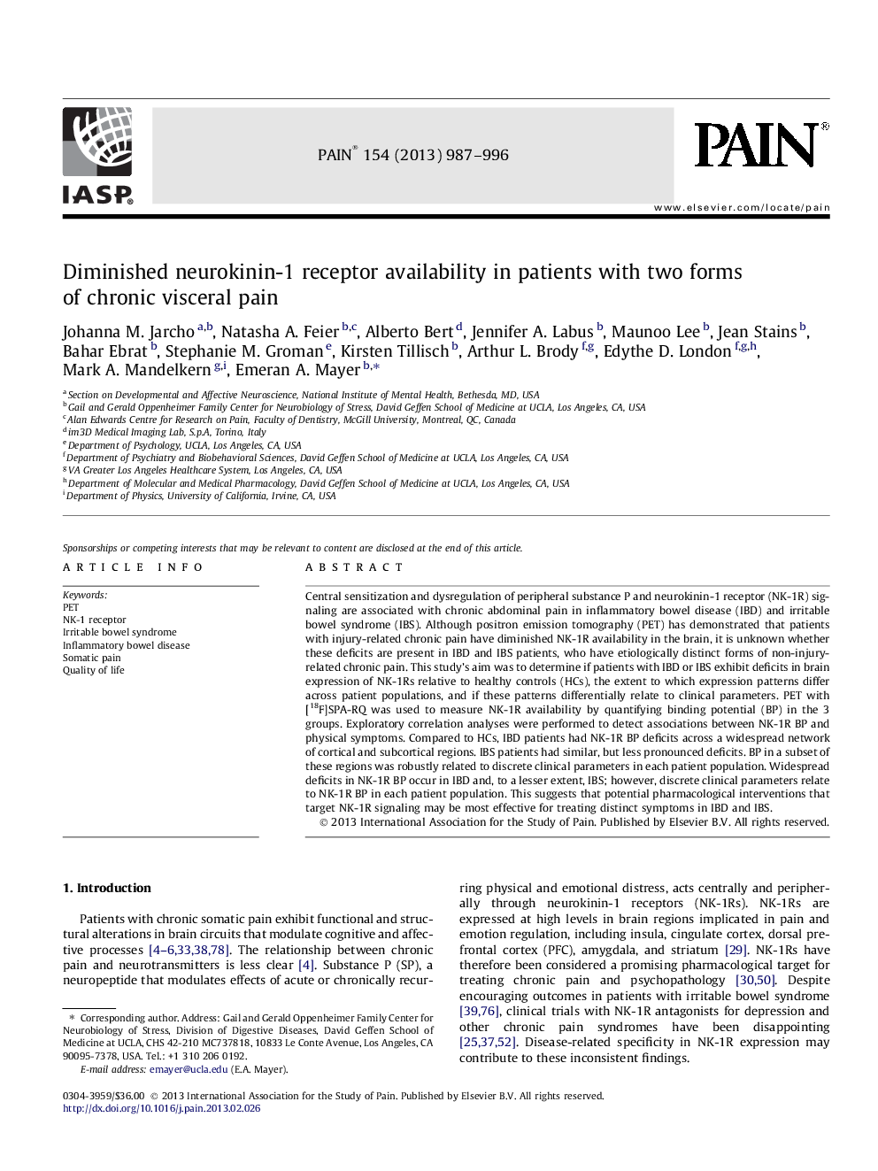 در دسترس بودن گیرنده نوروکینین-1 در بیماران مبتلا به دو نوع درد مزمن عصبی کاهش یافته است 