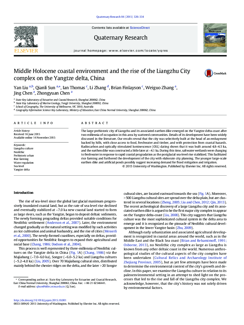 Middle Holocene coastal environment and the rise of the Liangzhu City complex on the Yangtze delta, China