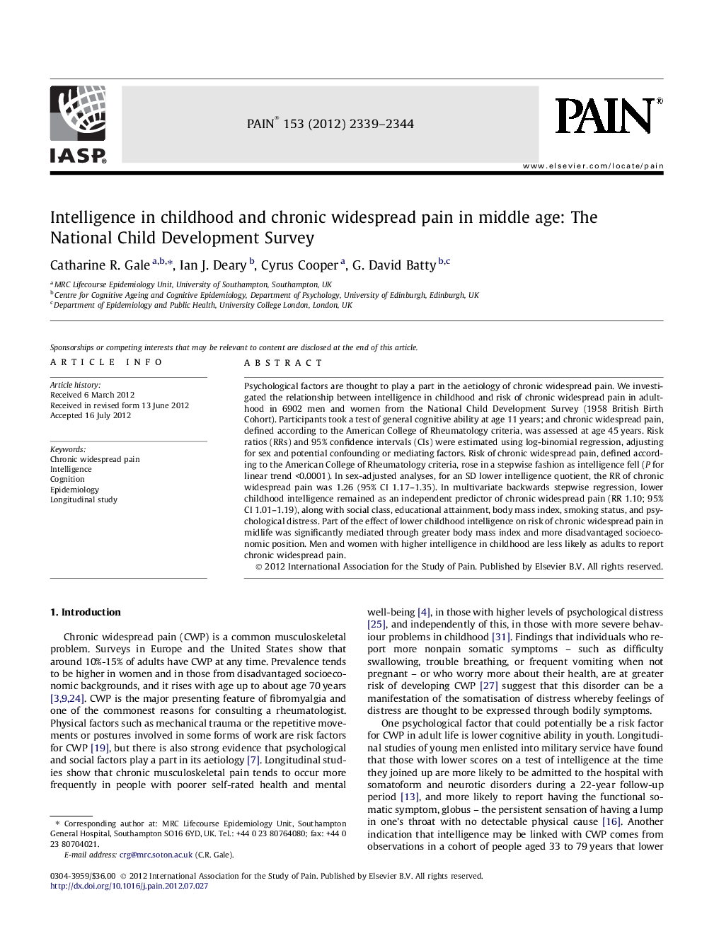 Intelligence in childhood and chronic widespread pain in middle age: The National Child Development Survey